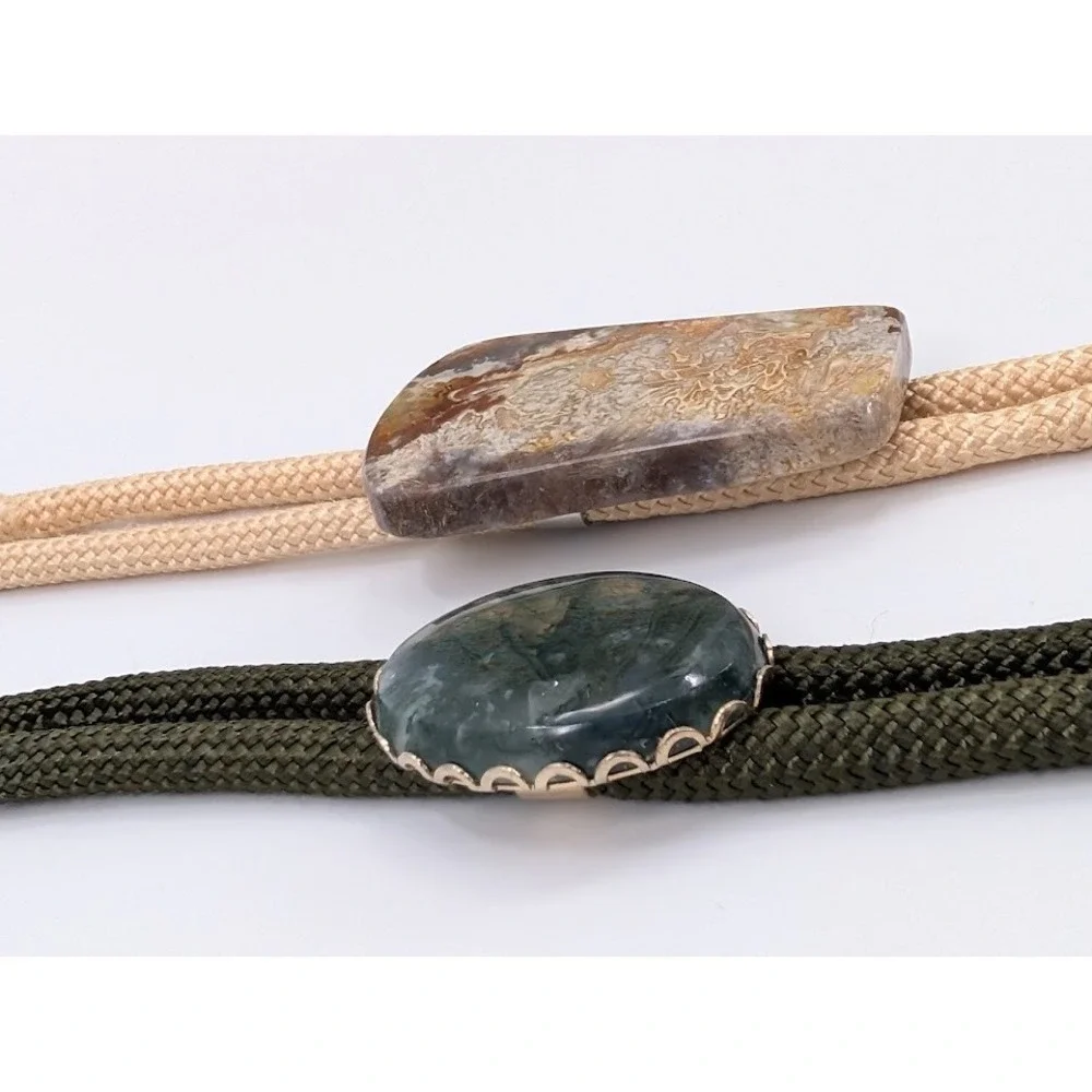 Lot of 2 Vintage Bolo Tie Green‎ and Tan Natural Stone Western Necktie Festival